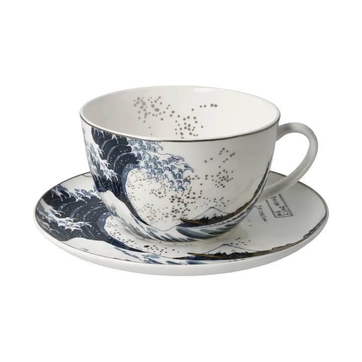 Goebel Hokusai Nagy Hullám teáskészlet, kék hullámokkal és arany szegéllyel díszített csésze tányéron